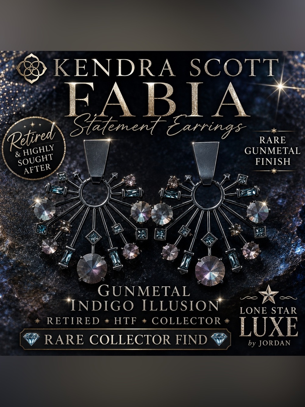 Kendra Scott Fabia Earrings|Gunmetal Indigo Illusion|Retired HTF Collector’s Pic